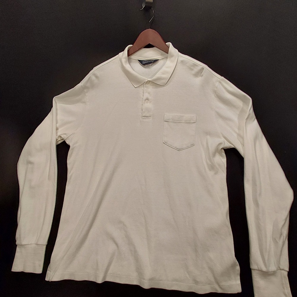 VTG 1991 Lands End Mens L Long Sleeve Pocket Polo White 100% Cotton USA Made